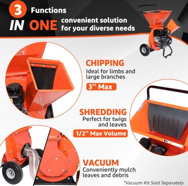 EFCUT EF-MF30 3-in-1 Wood Chipper 3" Shredder Mulcher 2 Hopper 7HP 212cc Horizontal 4-stroke Gas-Powered New