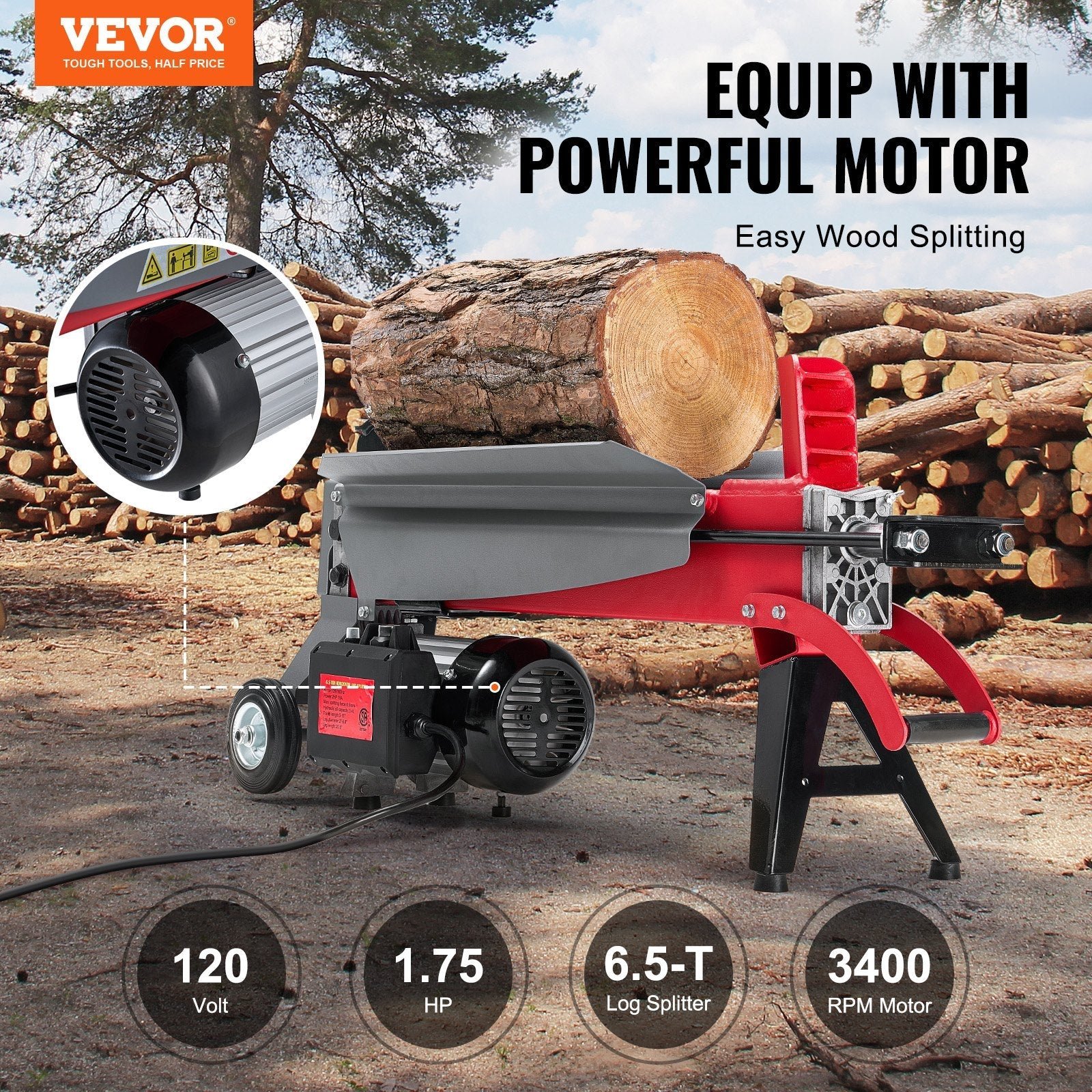 Vevor Electric Log Splitter 6.5 Ton Splitting Force 3400 RPM with 1.75 HP Motor New